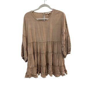 Solitaire Embroidered gold Tan Peplum Bohemian 2/4 Sleeve Blouse Size M